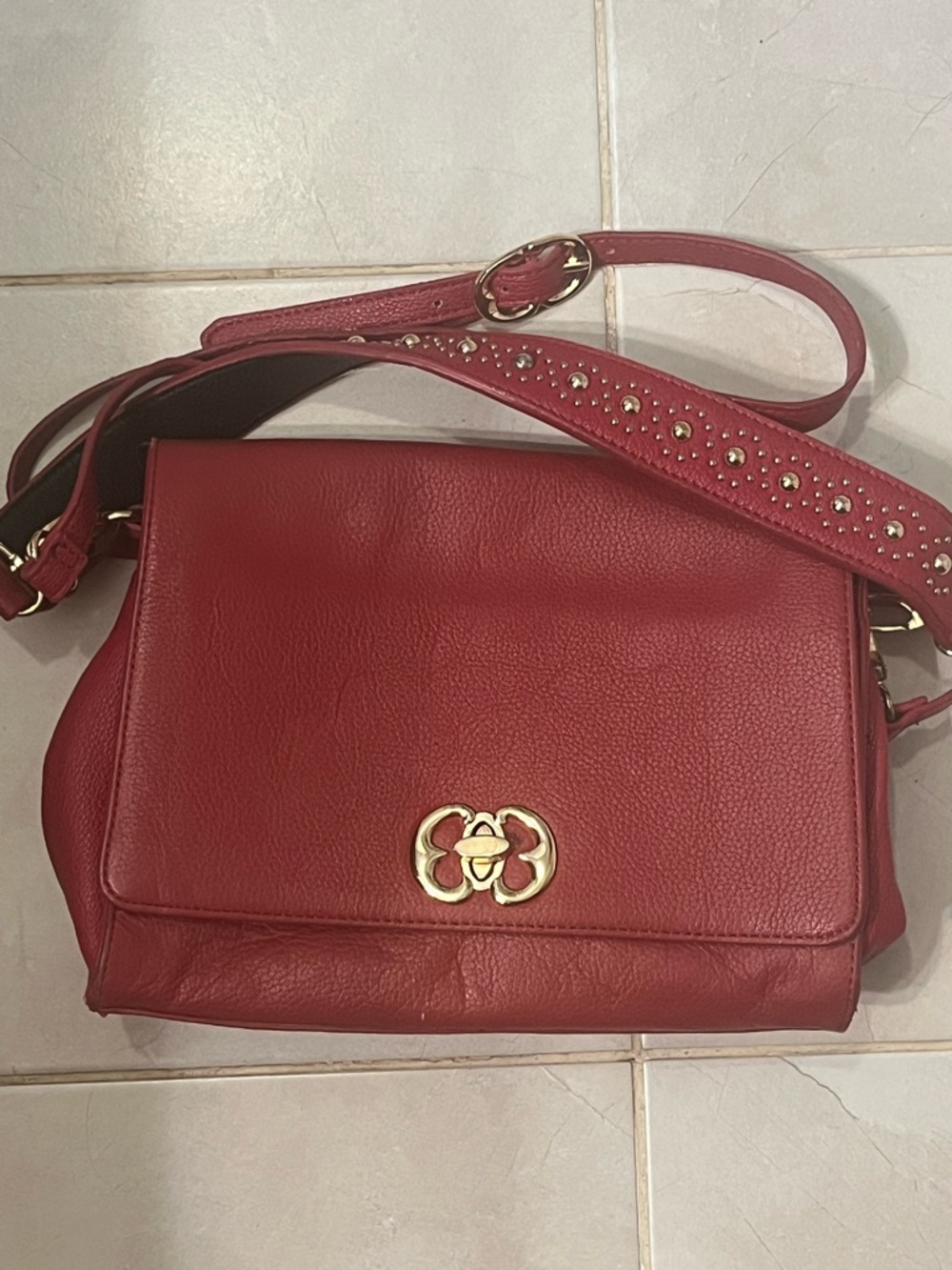 Brighton Red Leather Crossbody Bag with Studded Strap